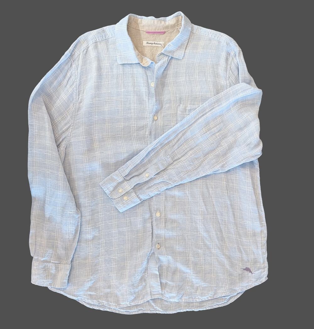 Tommy Bahama 100% Linen Button Up Shirt XL Blue Plaid Long Sleeve Coastal Summer